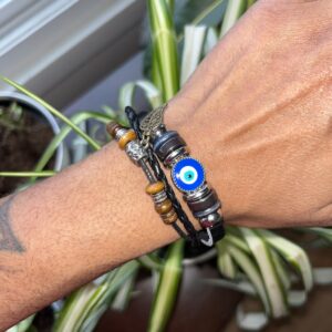 Black Evil Eye Leather Protection Bracelet-Feather